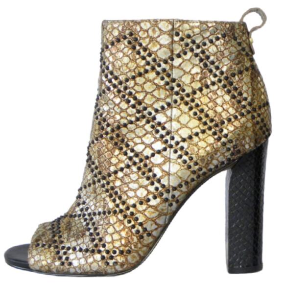 CALVIN KLEIN Jules Studded Peep Toe Heeled Bootie Gold Snake Print Leather - Picture 1 of 11